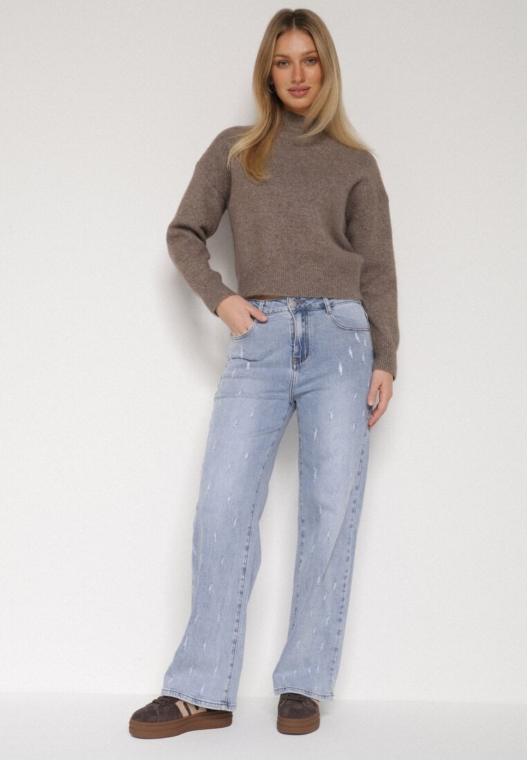 Niebieskie Bawełniane Szerokie Jeansy z Wysokim Stanem i Przetarciami Lilinryss