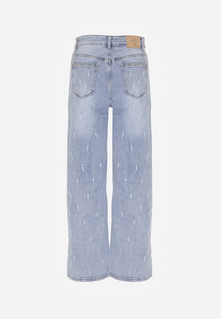 Niebieskie Bawełniane Szerokie Jeansy z Wysokim Stanem i Przetarciami Lilinryss