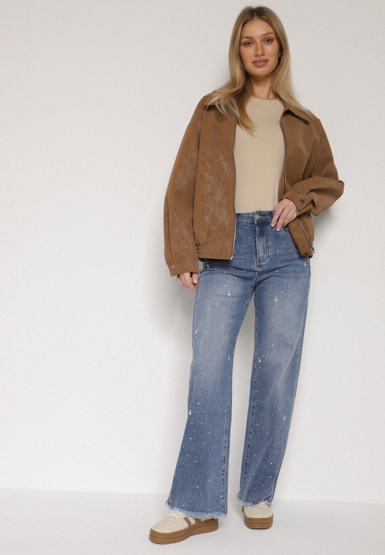 Niebieskie Jeansy z Szerokimi Nogawkami i Wysokim Stanem Zdobione Cyrkoniami Felira