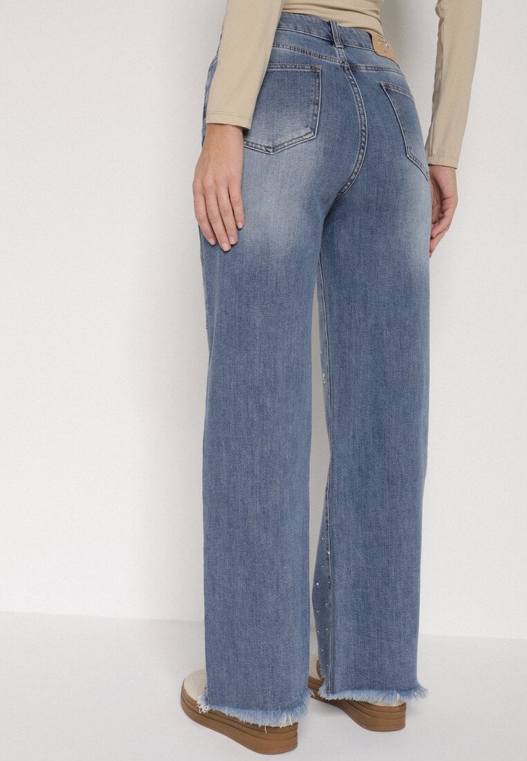 Niebieskie Jeansy z Szerokimi Nogawkami i Wysokim Stanem Zdobione Cyrkoniami Felira