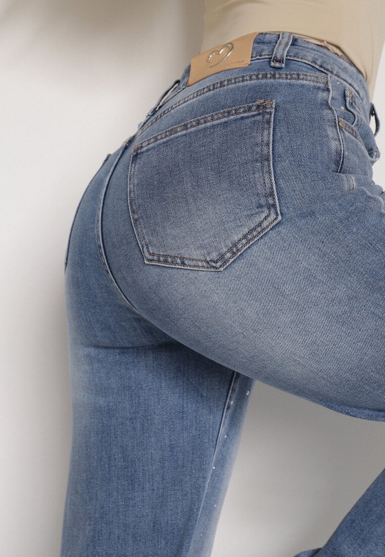 Niebieskie Jeansy z Szerokimi Nogawkami i Wysokim Stanem Zdobione Cyrkoniami Felira