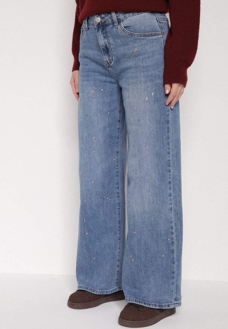 Niebieskie Szerokie Jeansy z Wysokim Stanem i Błyszczącymi Aplikacjami Glysera