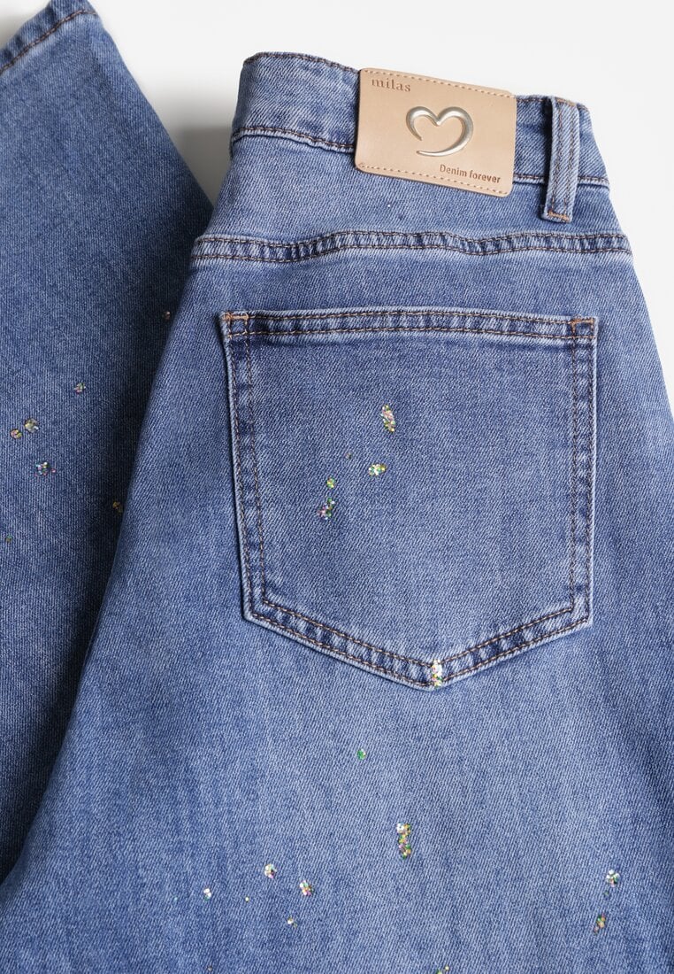 Niebieskie Szerokie Jeansy z Wysokim Stanem i Błyszczącymi Aplikacjami Glysera