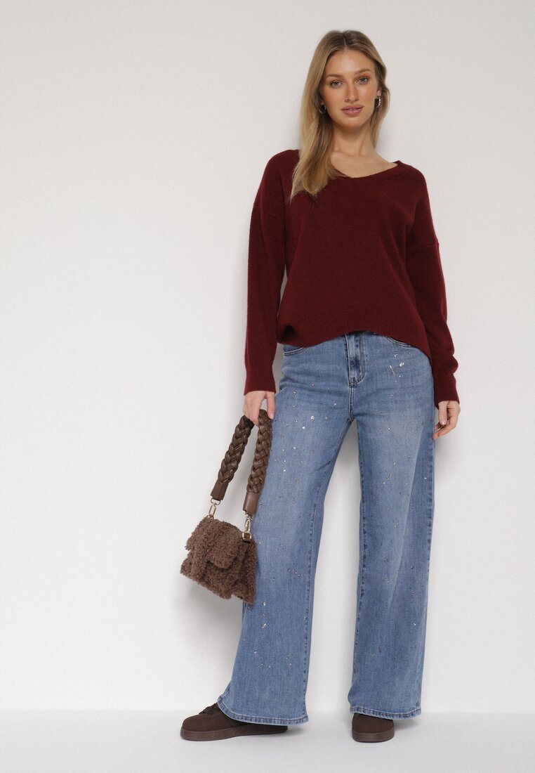 Niebieskie Szerokie Jeansy z Wysokim Stanem i Błyszczącymi Aplikacjami Glysera