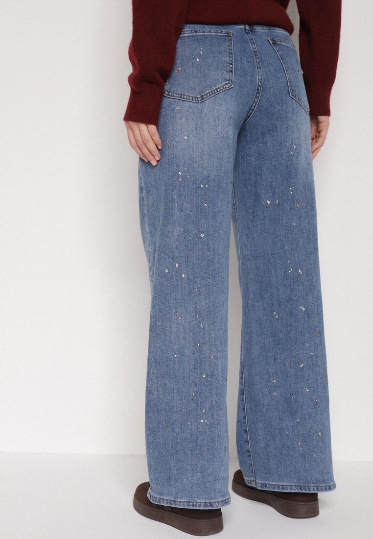 Niebieskie Szerokie Jeansy z Wysokim Stanem i Błyszczącymi Aplikacjami Glysera