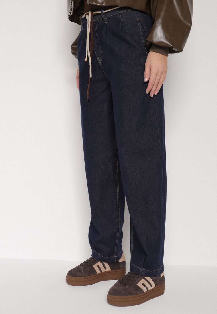 Niebieskie Bawełniane Jeansy o Szerokim Kroju z Wysokim Stanem ze Sznurkiem Carmencita