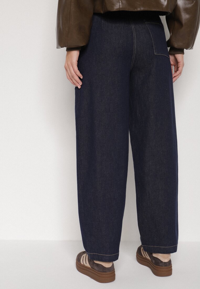 Niebieskie Bawełniane Jeansy o Szerokim Kroju z Wysokim Stanem ze Sznurkiem Carmencita