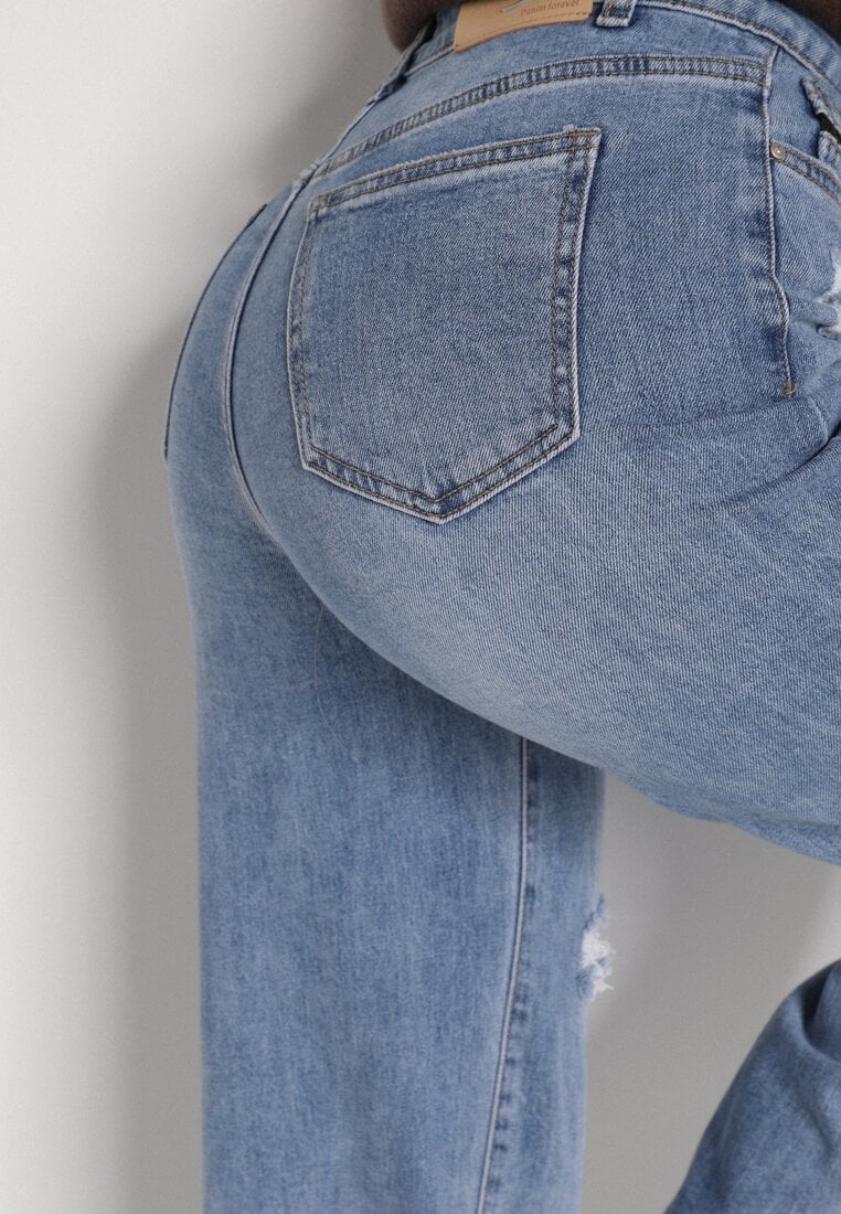 Niebieskie Bawełniane Jeansy o Szerokim Kroju z Wysokim Stanem i Dziurą Telecia