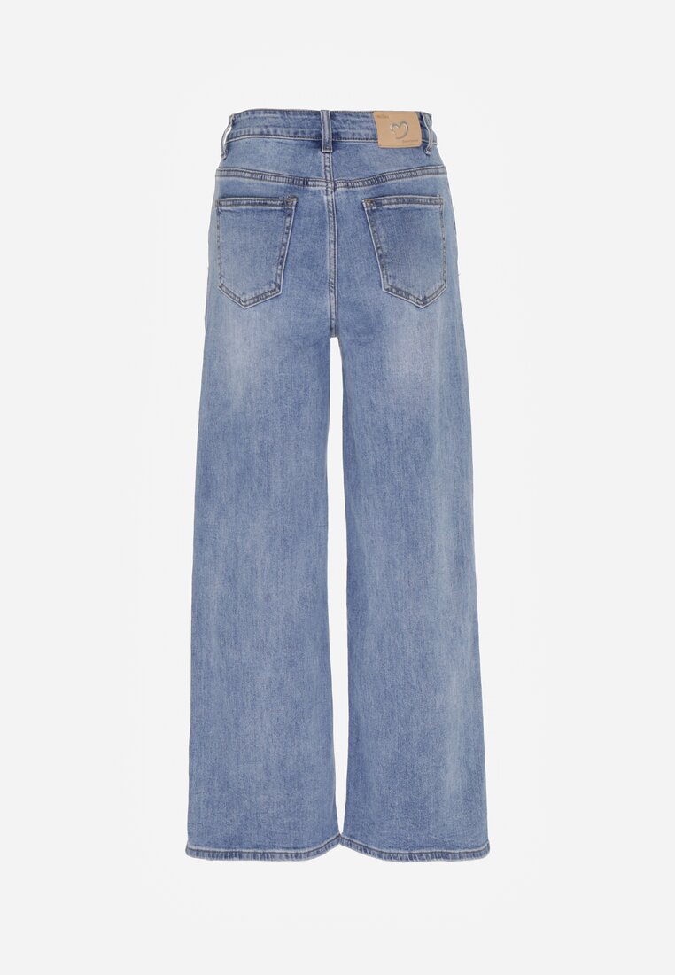 Niebieskie Bawełniane Jeansy o Szerokim Kroju z Wysokim Stanem i Dziurą Telecia