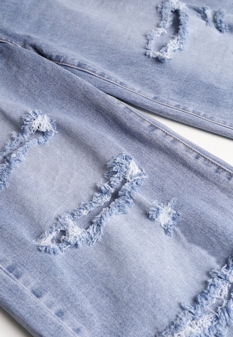 Niebieskie Szerokie Jeansy z Wysokim Stanem Zdobione Przetarciami i Dziurami Brizeth