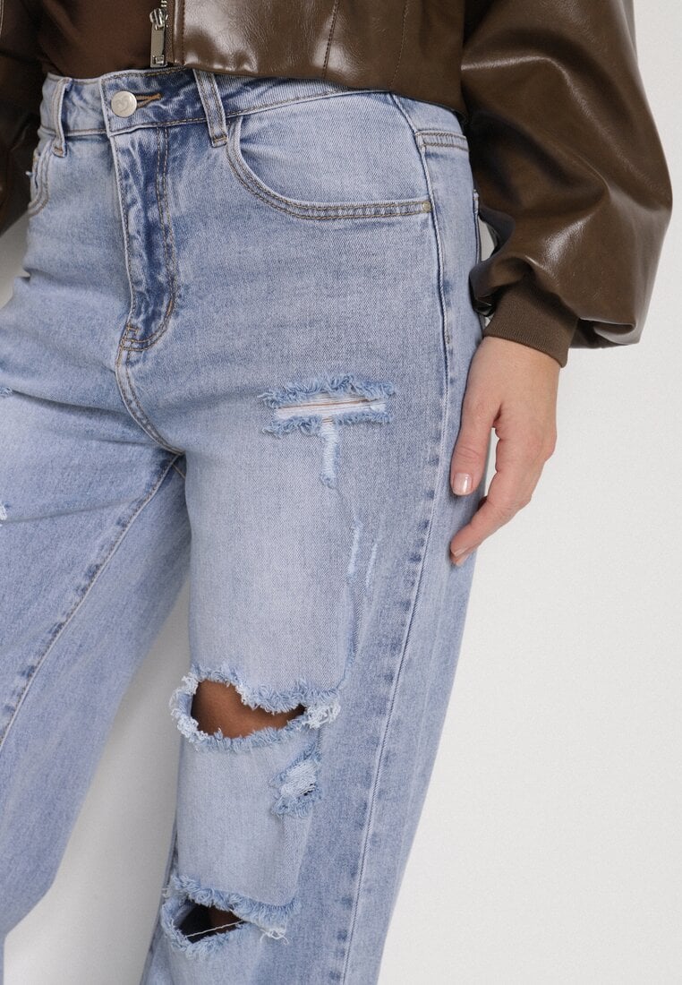 Niebieskie Szerokie Jeansy z Wysokim Stanem Zdobione Przetarciami i Dziurami Brizeth