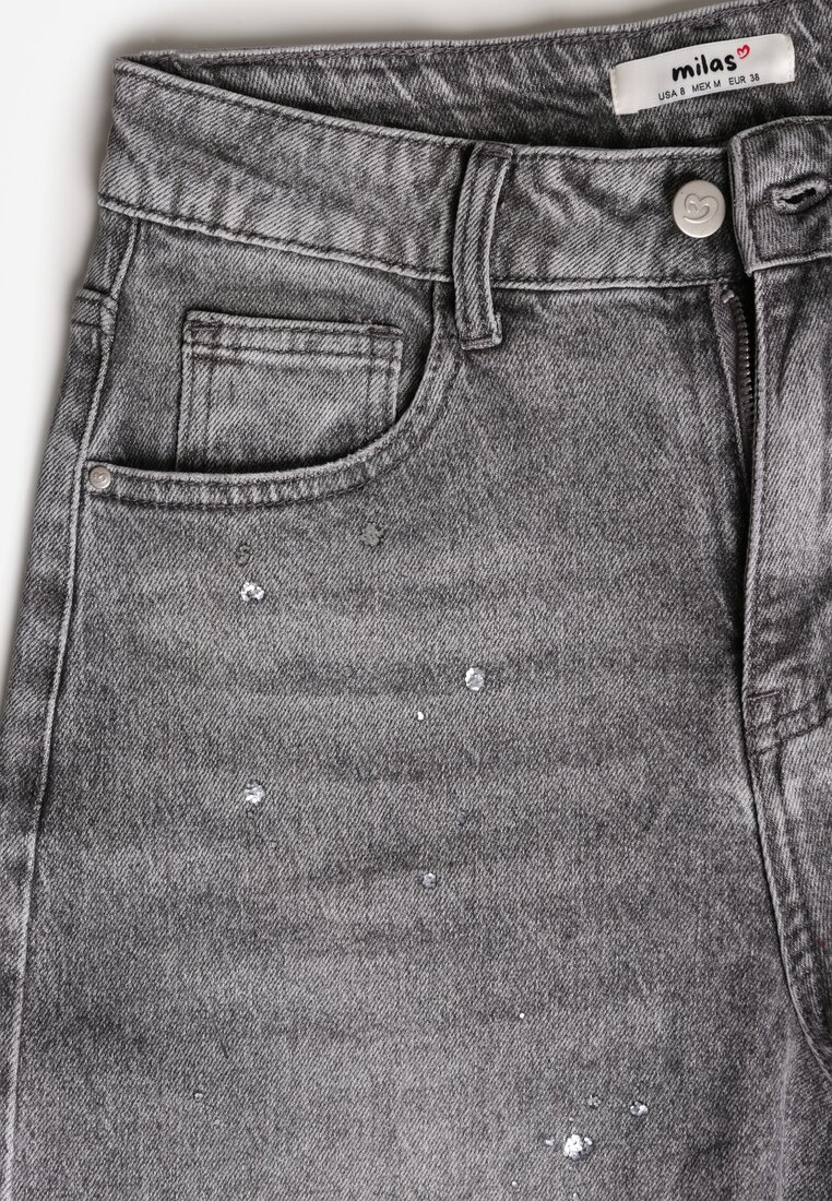 Szare Szerokie Jeansy z Wysokim Stanem Zdobione Błyszczącymi Drobinami Isabela