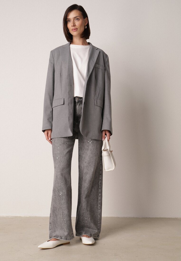 Szare Szerokie Jeansy z Wysokim Stanem Zdobione Błyszczącymi Drobinami Isabela