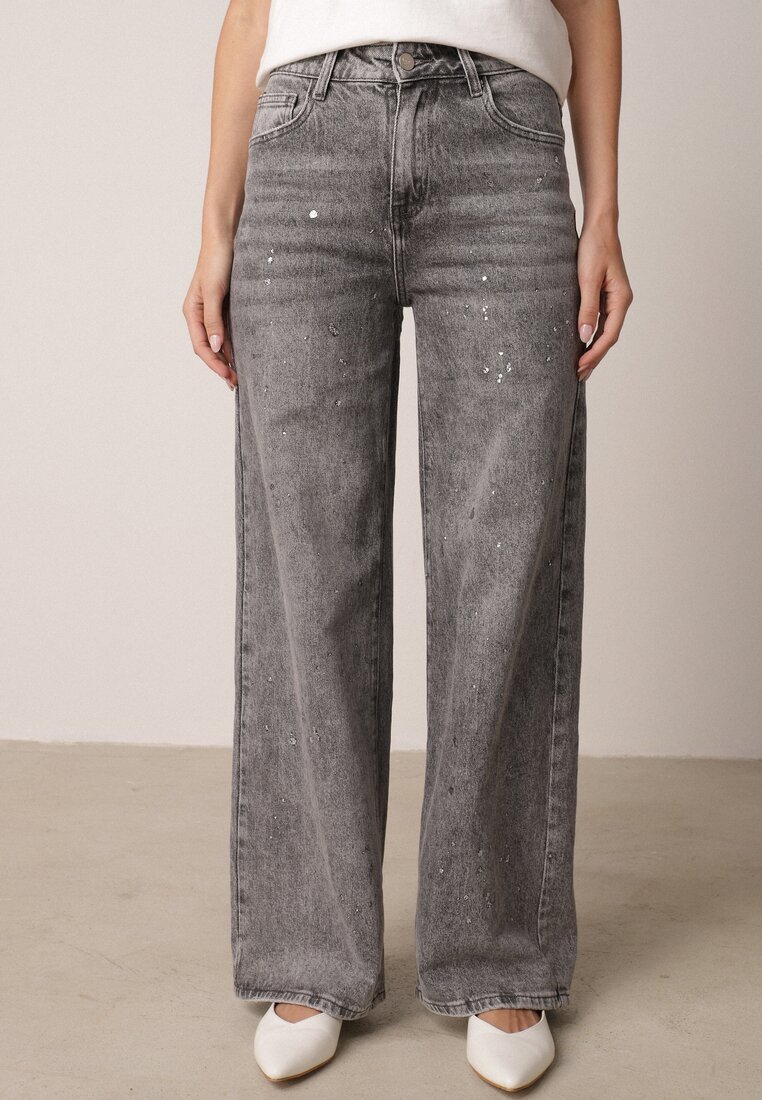 Szare Szerokie Jeansy z Wysokim Stanem Zdobione Błyszczącymi Drobinami Isabela