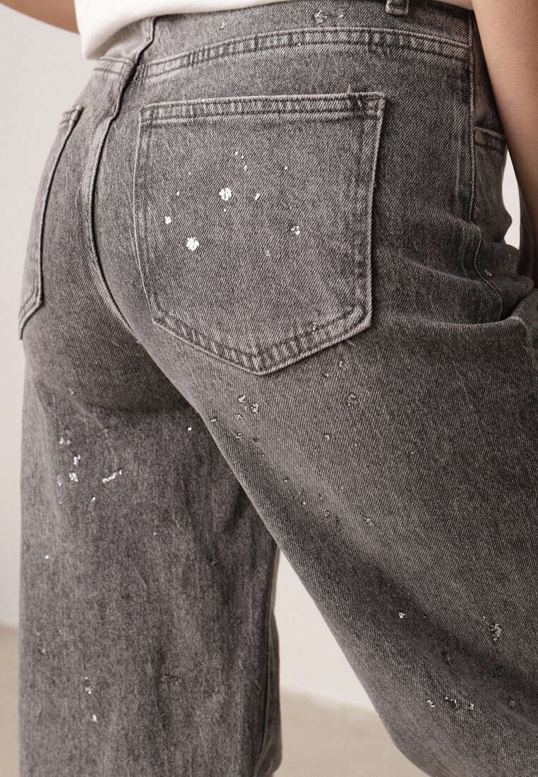 Szare Szerokie Jeansy z Wysokim Stanem Zdobione Błyszczącymi Drobinami Isabela