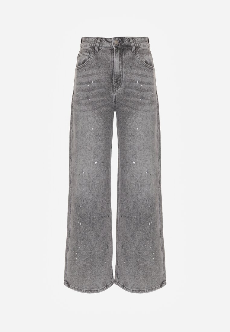 Szare Szerokie Jeansy z Wysokim Stanem Zdobione Błyszczącymi Drobinami Isabela
