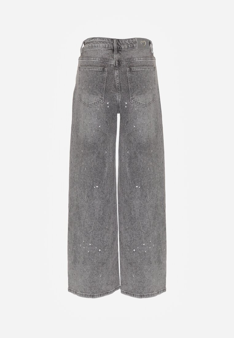 Szare Szerokie Jeansy z Wysokim Stanem Zdobione Błyszczącymi Drobinami Isabela