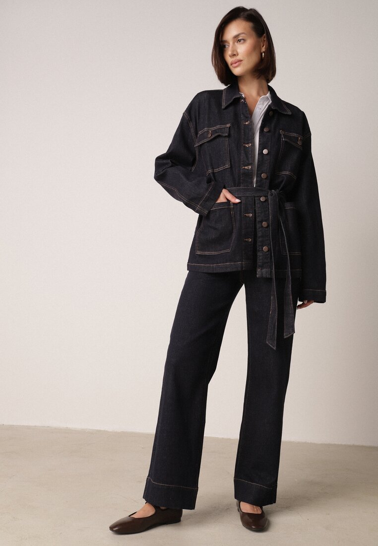 Granatowe Jeansy z Bawełną o Szerokim Kroju z Wysokim Stanem i Ozdobnymi Kieszeniami Adelsala