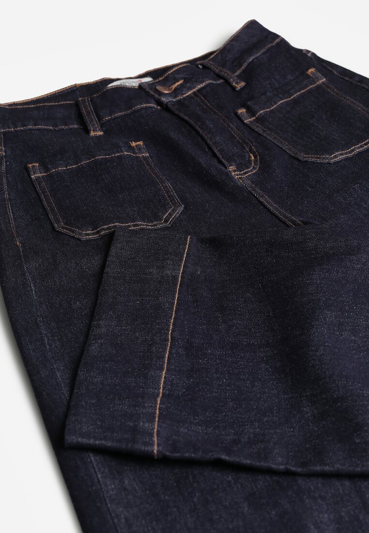 Granatowe Jeansy z Bawełną o Szerokim Kroju z Wysokim Stanem i Ozdobnymi Kieszeniami Adelsala