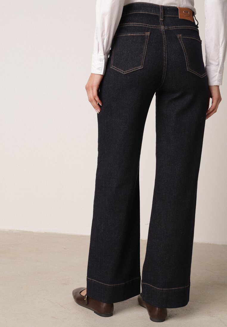 Granatowe Jeansy z Bawełną o Szerokim Kroju z Wysokim Stanem i Ozdobnymi Kieszeniami Adelsala