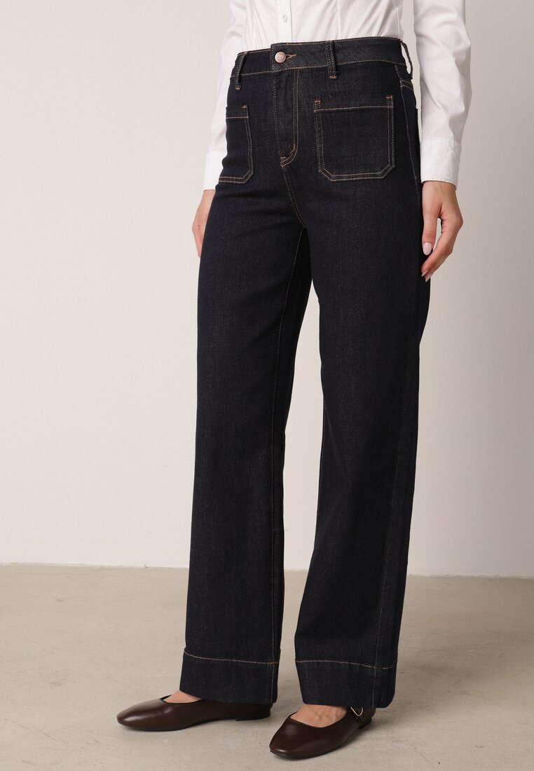 Granatowe Jeansy z Bawełną o Szerokim Kroju z Wysokim Stanem i Ozdobnymi Kieszeniami Adelsala