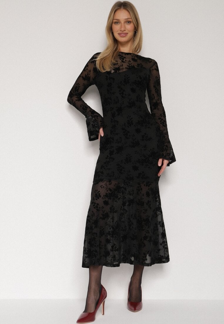 Czarna Siateczkowa Sukienka Wieczorowa VICES z Welurowym Wzorem Jilney