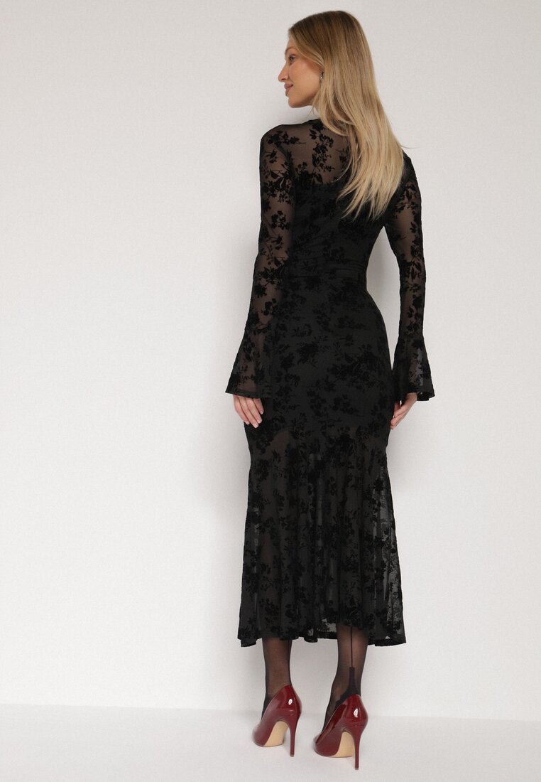 Czarna Siateczkowa Sukienka Wieczorowa VICES z Welurowym Wzorem Jilney