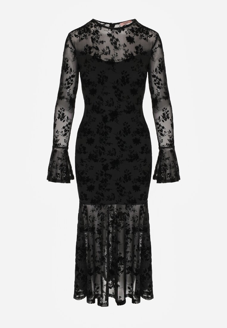 Czarna Siateczkowa Sukienka Wieczorowa VICES z Welurowym Wzorem Jilney