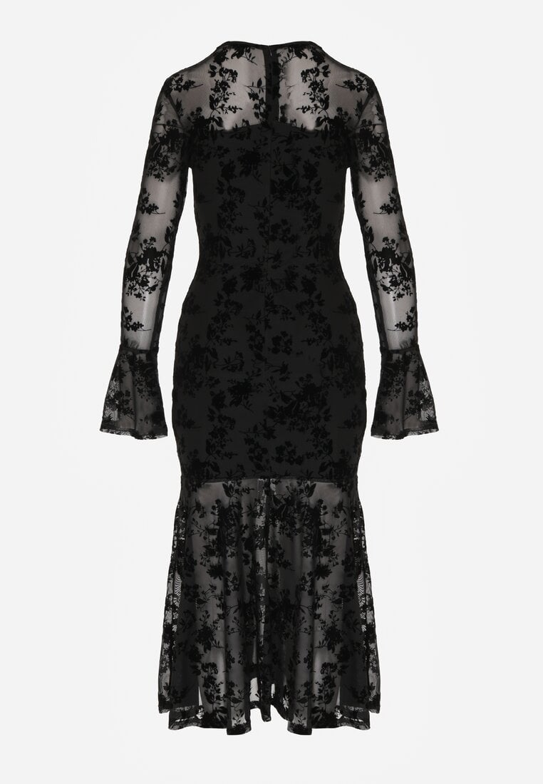 Czarna Siateczkowa Sukienka Wieczorowa VICES z Welurowym Wzorem Jilney