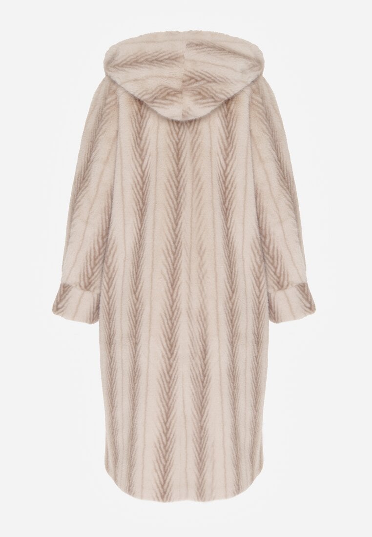 Jasnobeżowy Płaszcz Futerko w Pionowy Wzór z Kapturem Cahroris