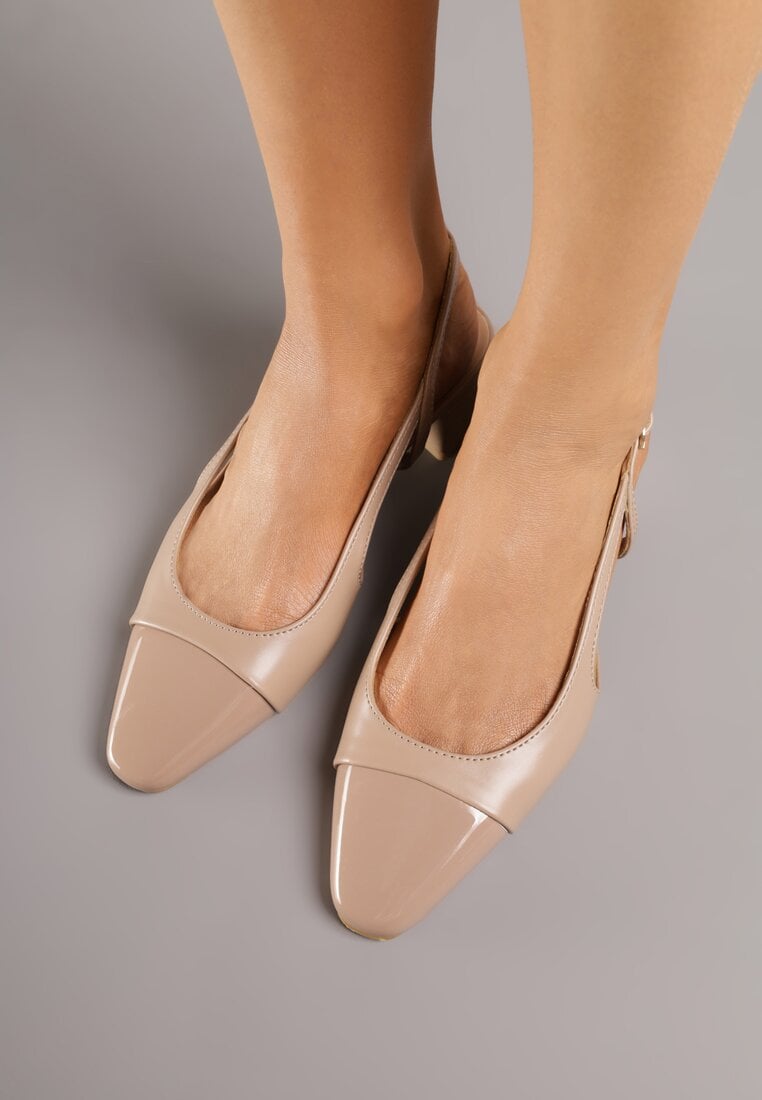 Ciemnobeżowe Eleganckie Sandały na Klockowym Obcasie z Lakierowanym Noskiem Brizthine