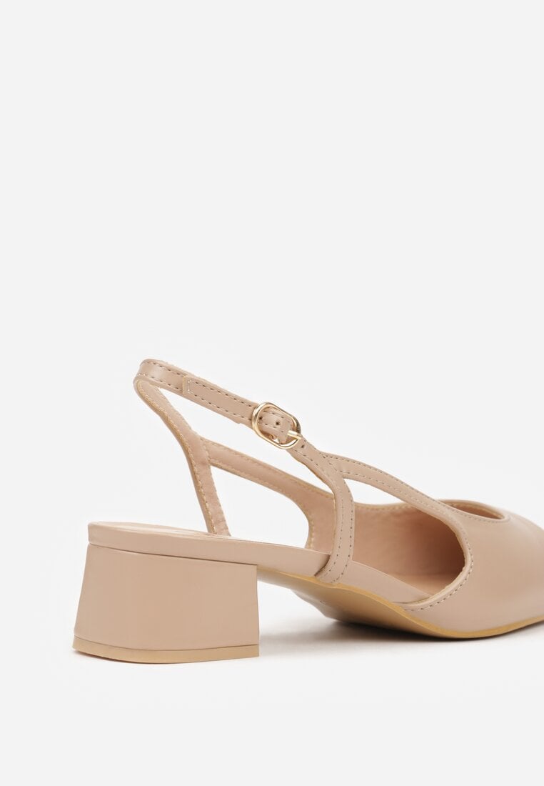 Ciemnobeżowe Eleganckie Sandały na Klockowym Obcasie z Lakierowanym Noskiem Brizthine