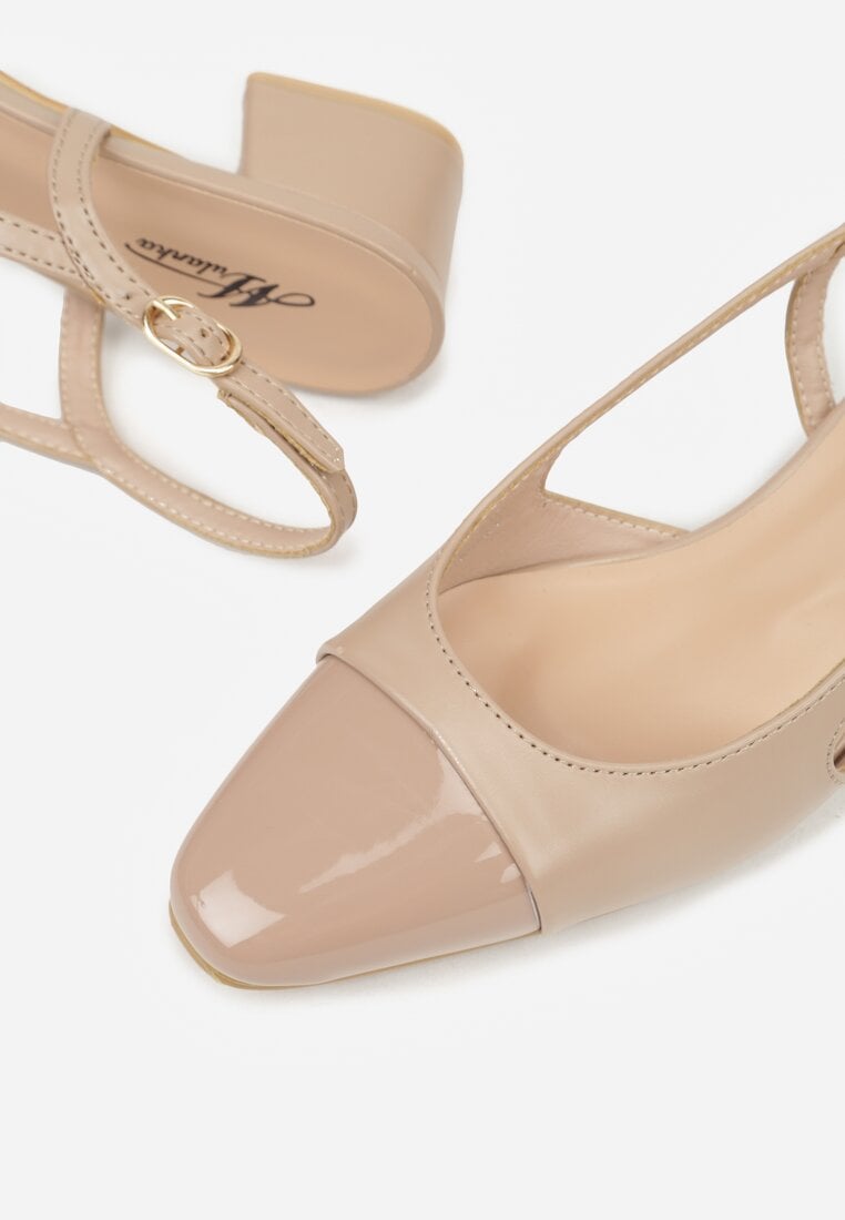 Ciemnobeżowe Eleganckie Sandały na Klockowym Obcasie z Lakierowanym Noskiem Brizthine