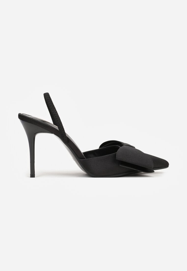 Czarne Satynowe Sandały na Szpilce Bez Pięty z Kokardą Shiriniana