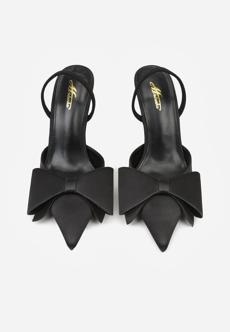 Czarne Satynowe Sandały na Szpilce Bez Pięty z Kokardą Shiriniana