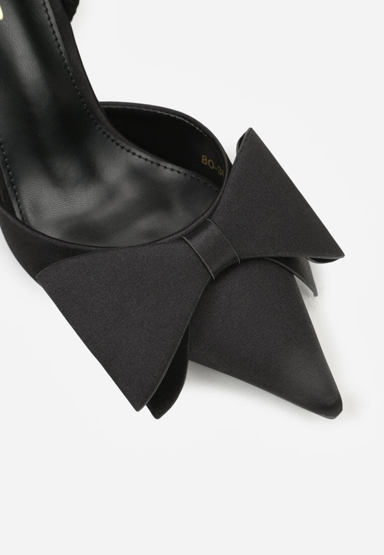 Czarne Satynowe Sandały na Szpilce Bez Pięty z Kokardą Shiriniana