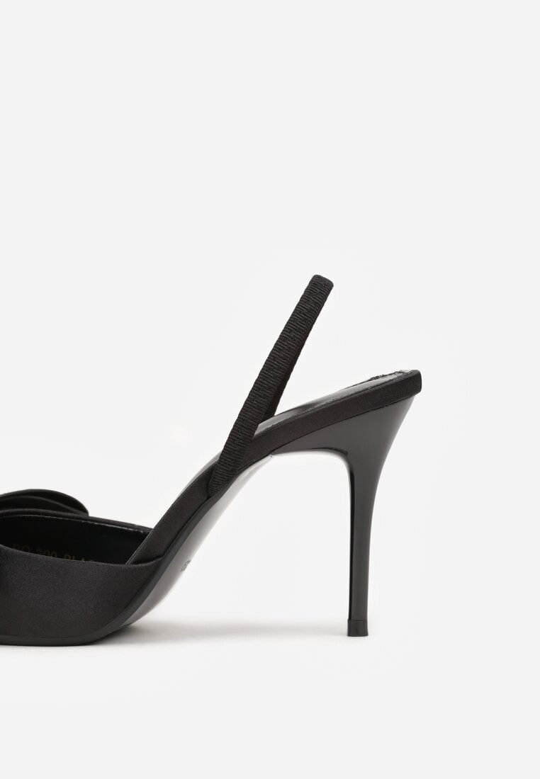 Czarne Satynowe Sandały na Szpilce Bez Pięty z Kokardą Shiriniana