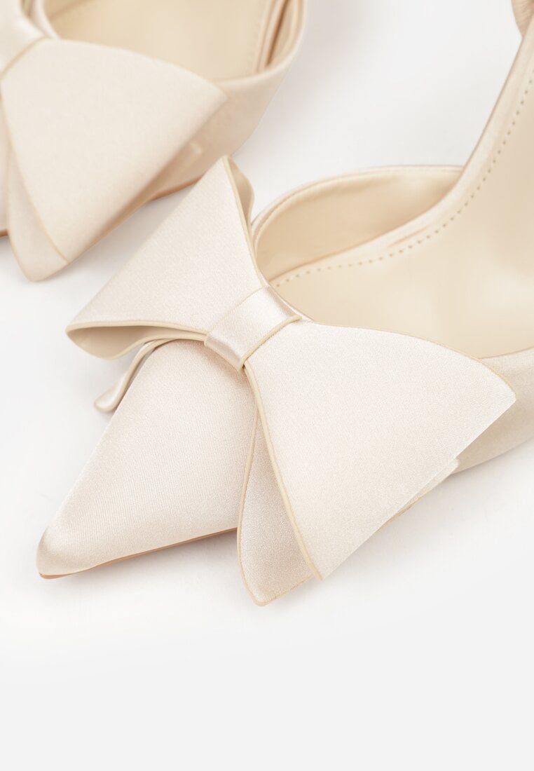 Beżowe Satynowe Sandały na Szpilce Bez Pięty z Kokardą Shiriniana