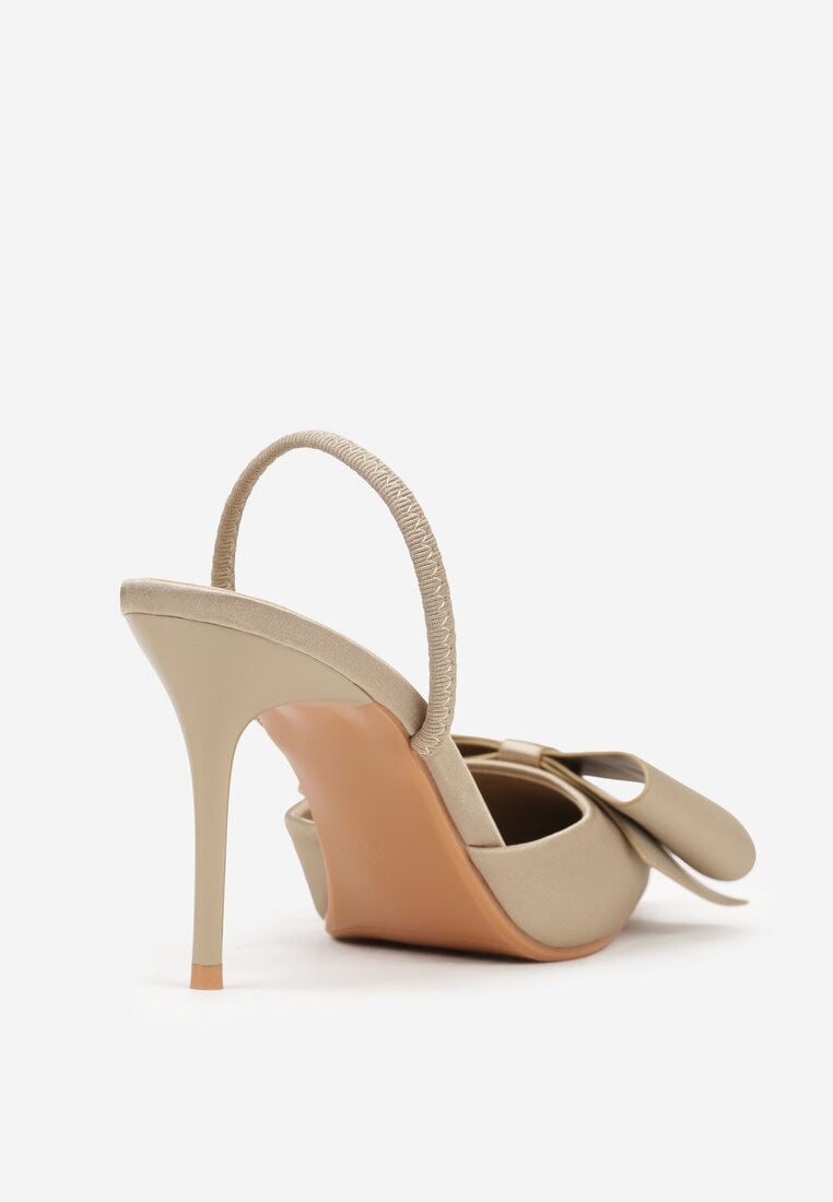 Ciemnobeżowe Satynowe Sandały na Szpilce Bez Pięty z Kokardą Shiriniana