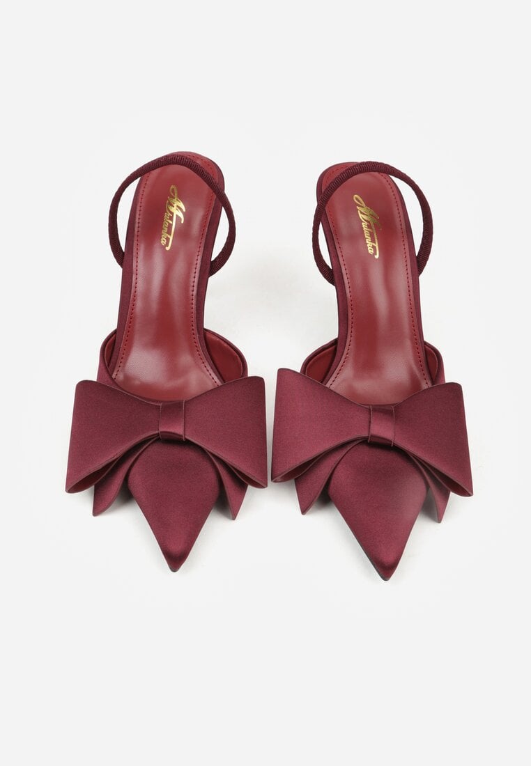 Bordowe Satynowe Sandały na Szpilce Bez Pięty z Kokardą Shiriniana