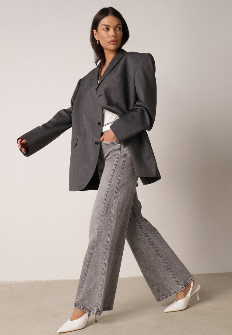 Szare Bawełniane Jeansy o Szerokim Kroju z Wysokim Stanem i Przetarciami Ryrixia