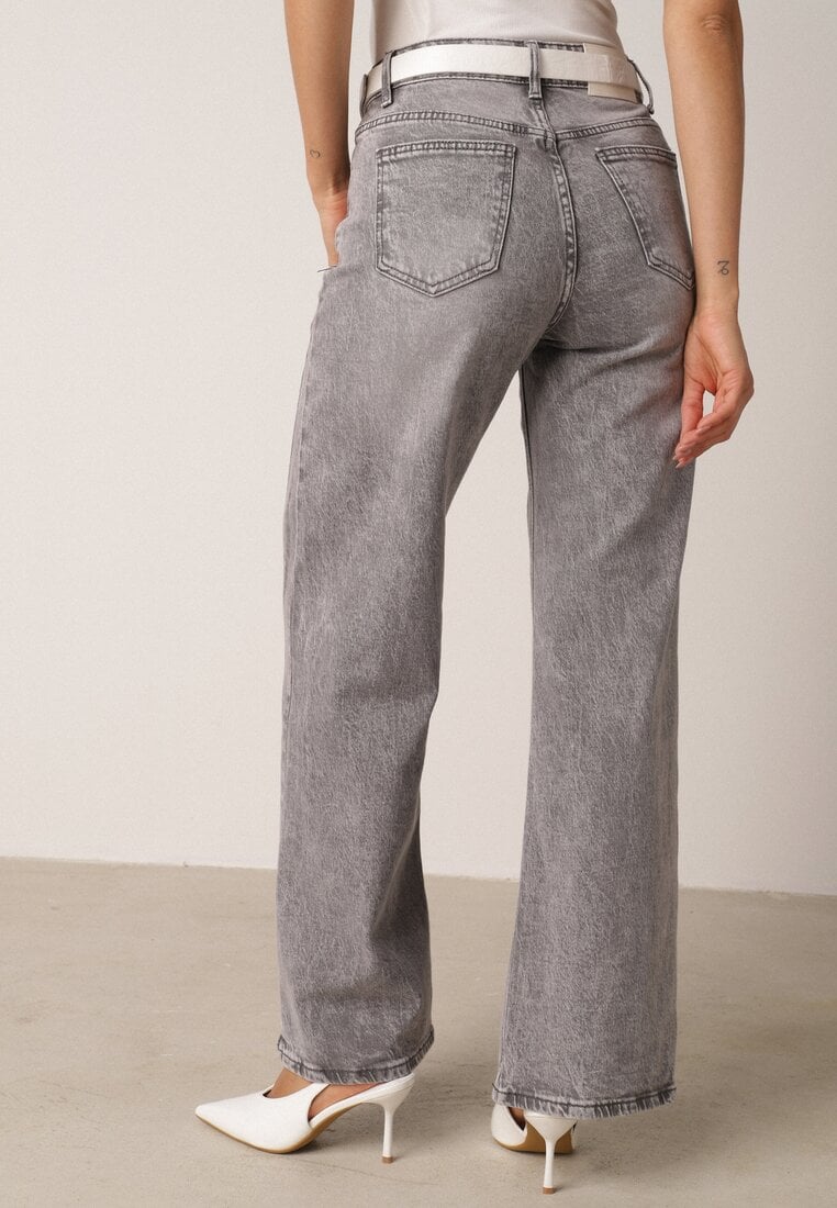 Szare Bawełniane Jeansy o Szerokim Kroju z Wysokim Stanem i Przetarciami Ryrixia