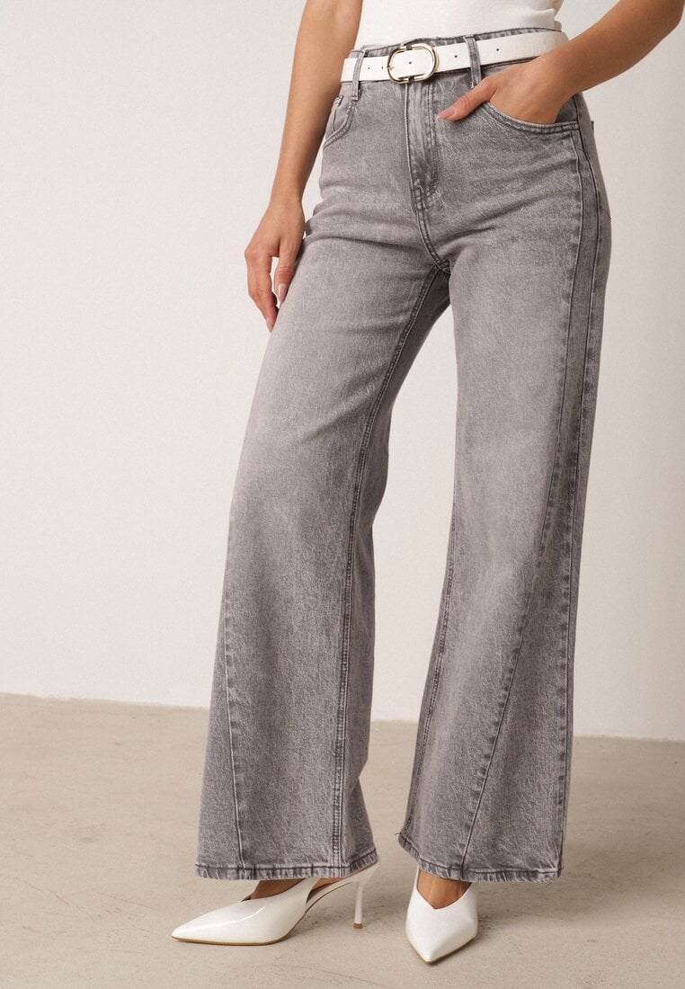 Szare Bawełniane Jeansy o Szerokim Kroju z Wysokim Stanem i Przetarciami Ryrixia