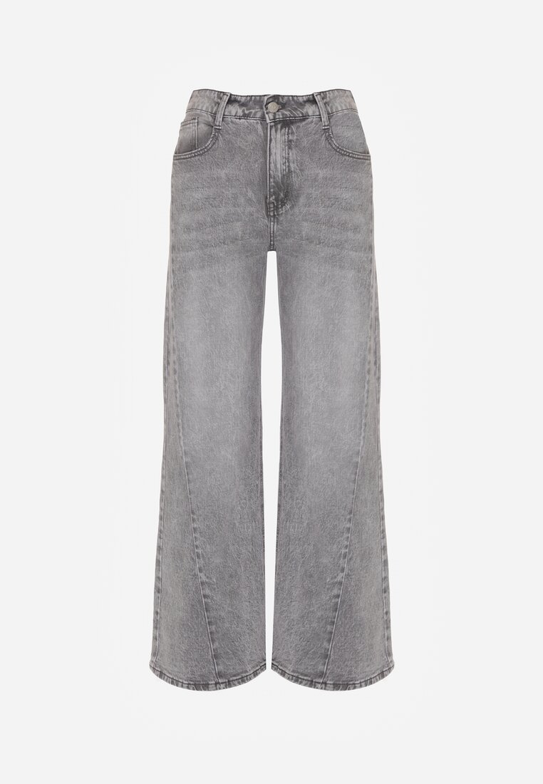 Szare Bawełniane Jeansy o Szerokim Kroju z Wysokim Stanem i Przetarciami Ryrixia