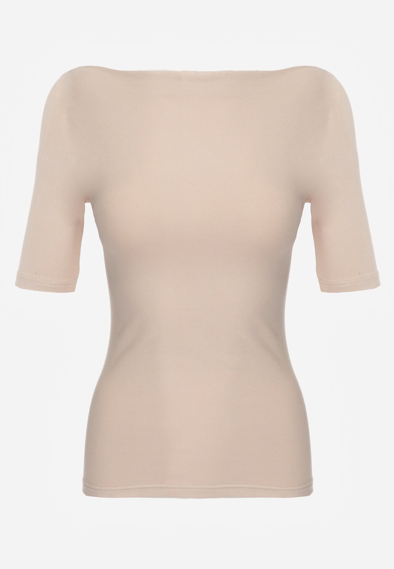 Beżowy Wiskozowy T-shirt o Dopasowanym Kroju z Dekoltem w Łódkę Idahphaeia