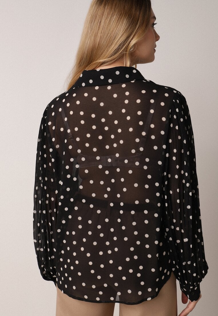 Czarna Bawełniano-Wiskozowa Koszula w Groszki z Plisowanymi Rękawami Ronan