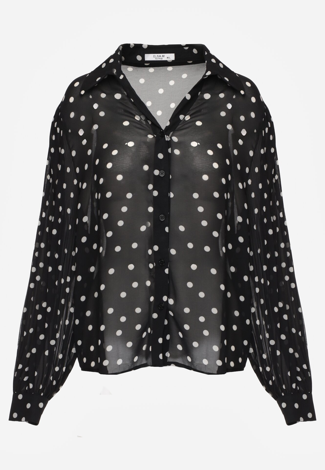 Czarna Bawełniano-Wiskozowa Koszula w Groszki z Plisowanymi Rękawami Ronan