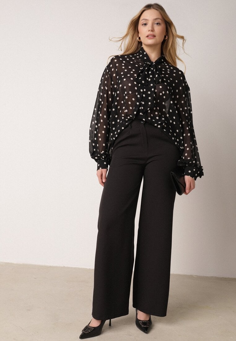 Czarna Półtransparentna Koszula w Groszki z Wiązaniem z Wiskozy i Bawełny Iamine