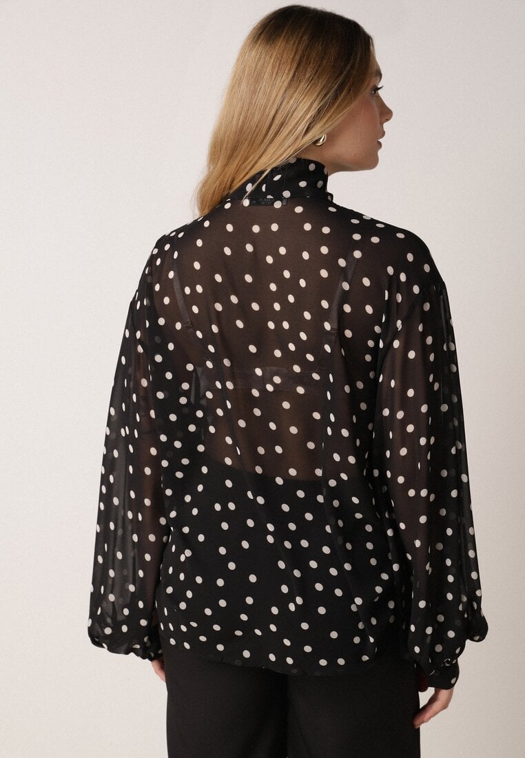 Czarna Półtransparentna Koszula w Groszki z Wiązaniem z Wiskozy i Bawełny Iamine