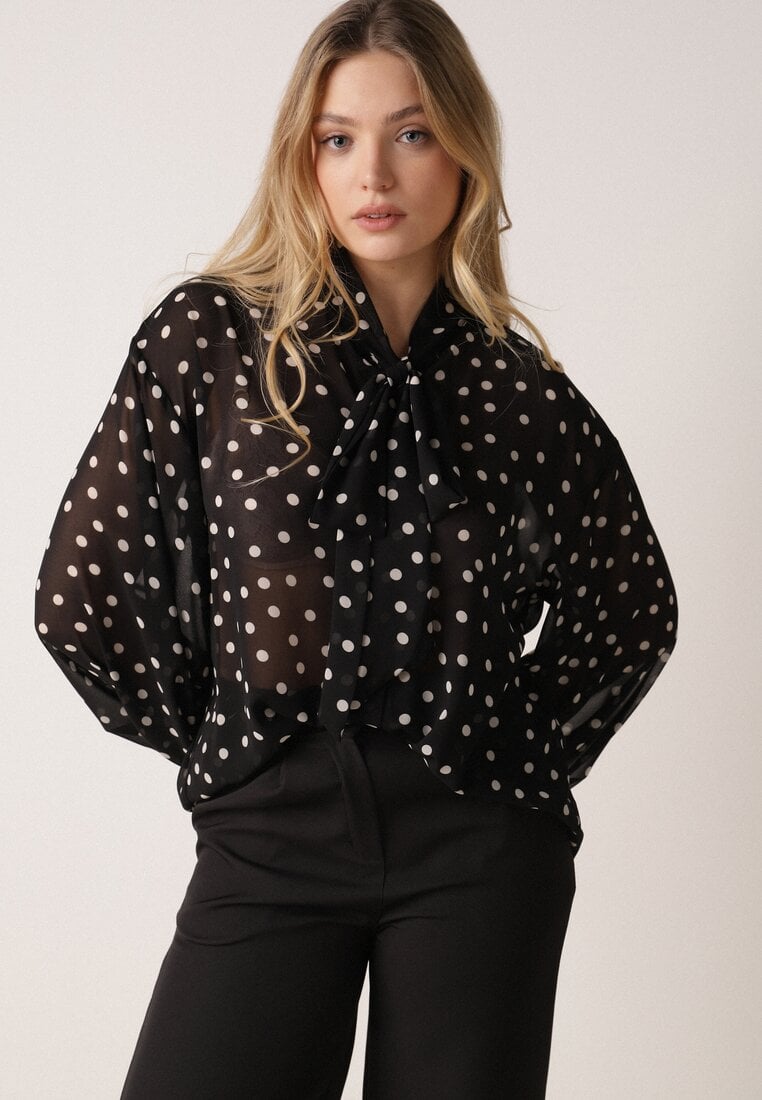 Czarna Półtransparentna Koszula w Groszki z Wiązaniem z Wiskozy i Bawełny Iamine